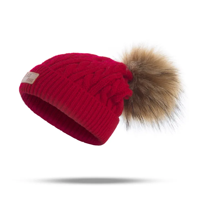 REAKIDS/Лидер продаж; зимние детские шапочки; шапка с помпоном; теплая вязаная детская шапка для мальчиков и девочек; хлопковая зимняя детская шапка с помпоном - Цвет: Red