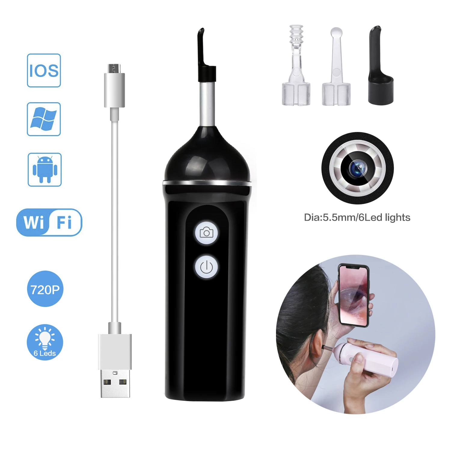 

5.5MM Wifi Endoscope Ear Scope Camera Ear Cleaning Tool with 6 LEDs for iPhone Android PC