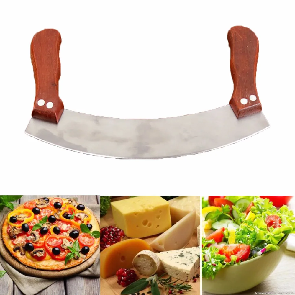 Curved Clever Cheese Pizza Slicer Bakeware Pizza Cake Cutter Blade Rocker Chef Knife Wooden