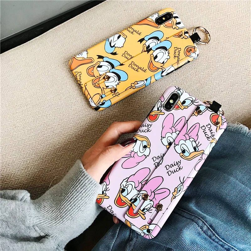

Cute cartoon yellow pink Donald and Daisy wrist strap oft shell phone case For Apple iphone 6 6s 7 8 Plus X XS XR MAX
