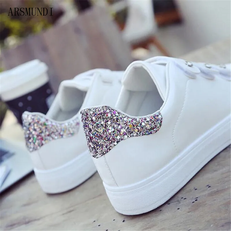 

ARSMUNDI 2018 Korean Female Magic Rhinestone Small White Shoes Women Leather Flats Shoes All Match Ladies Causal Shoes M236