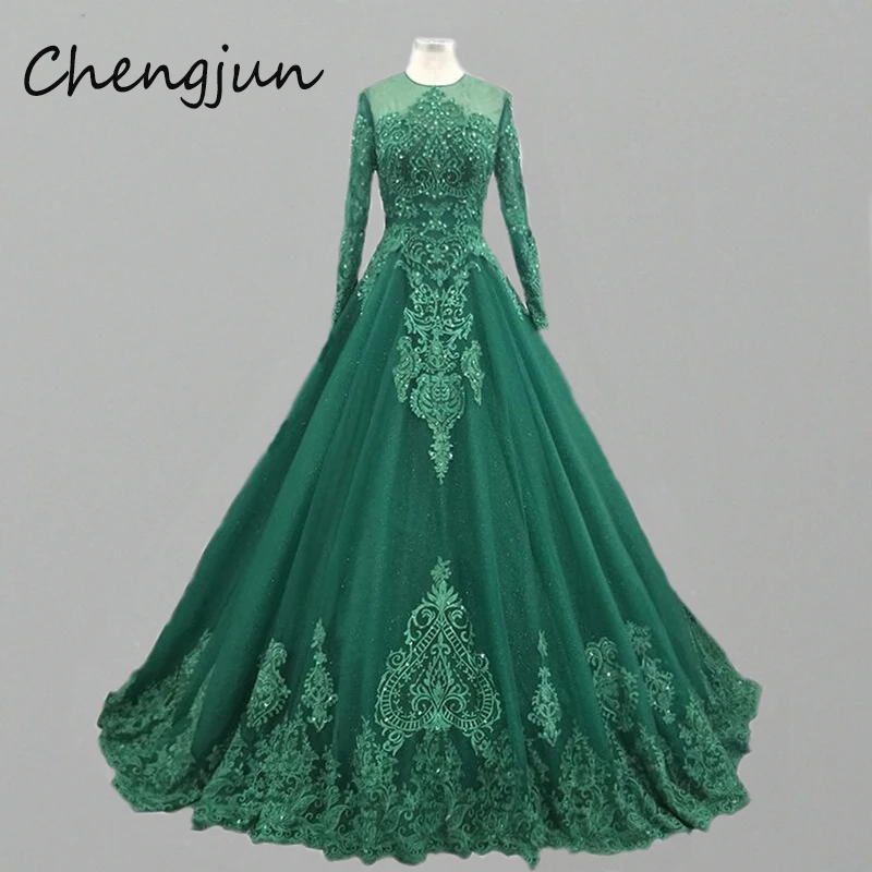 

Chengjun Illusion Appliques Tulle Long Sleeve Green Muslim Wedding Dress