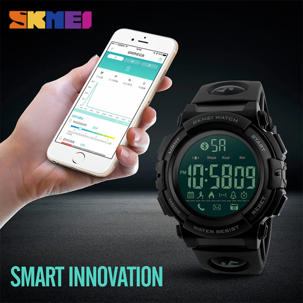 

SKMEI Men Sport Wristwatch 50m Waterproof Bluetooth Pedometer Call/SMS Reminder EL Back Light Shock Resistant