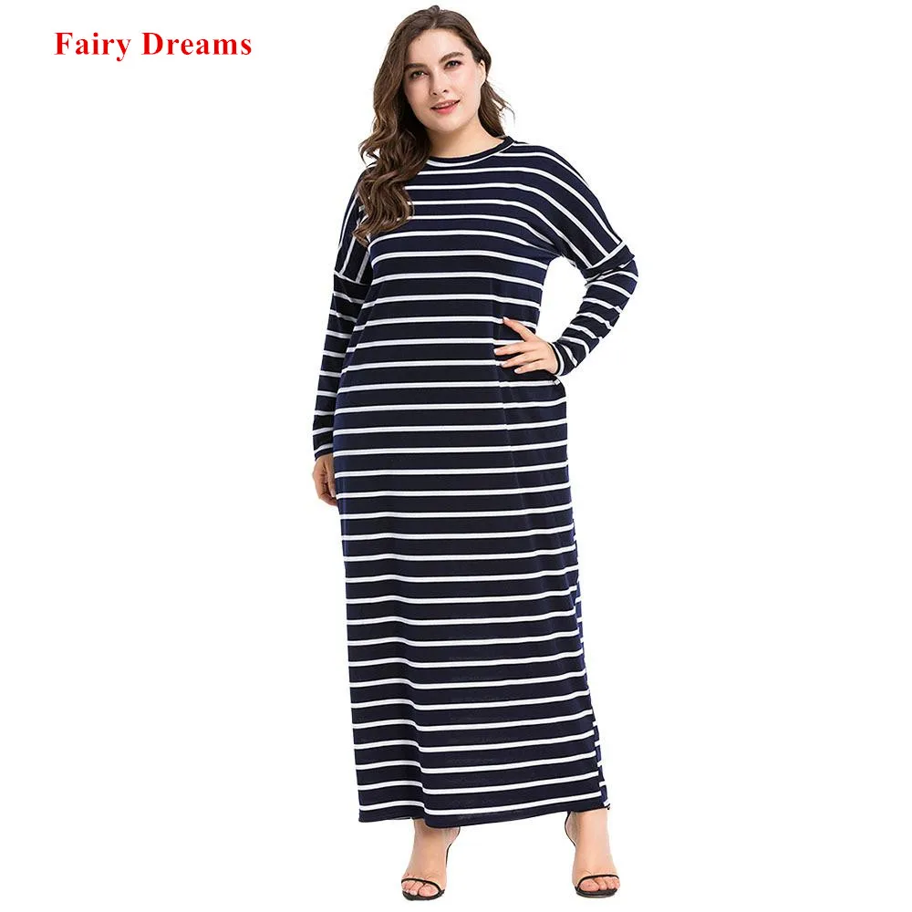 Muslim Abaya Women Plus Size Clothing 4XL Long Sleeve Striped Islamic