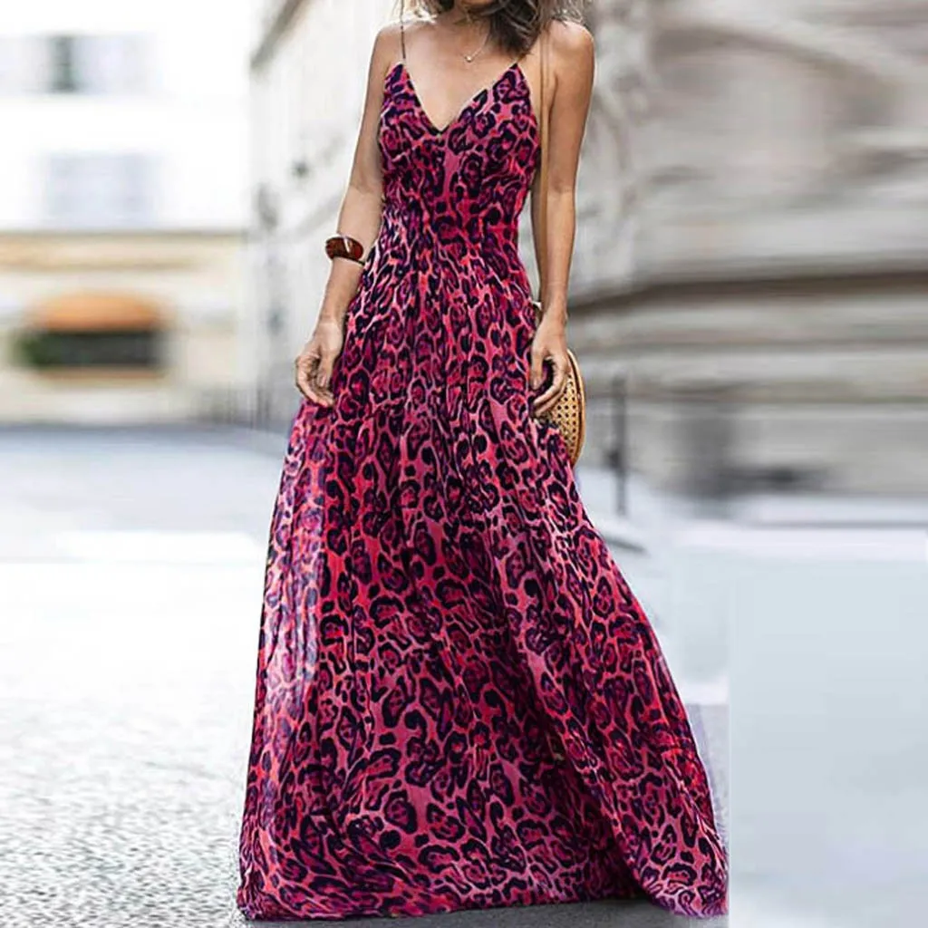 KANCOOLD/женское сексуальное платье с леопардовым принтом, высокая талия, v-образный вырез, длинное платье без рукавов, модные вечерние платья, новое женское платье 2019FEB1 - Цвет: Розовый