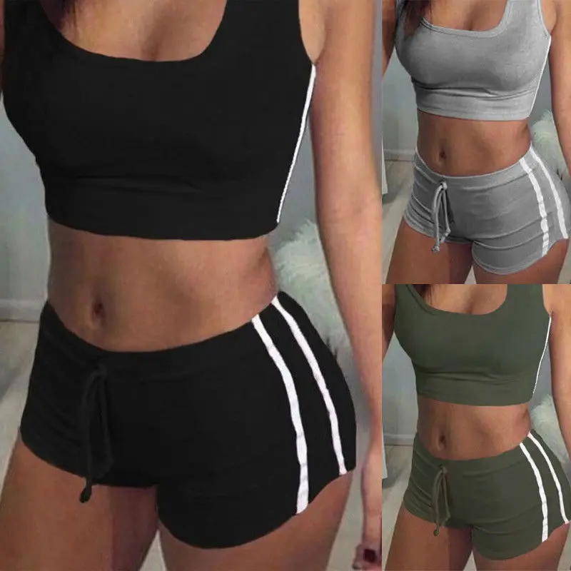 

New 2Pcs Womens Fitness Stretch Racerback Tank Top+Shorts Pants Sets Elastic Sexy Bodycon Apparel Fashion Casual Summer