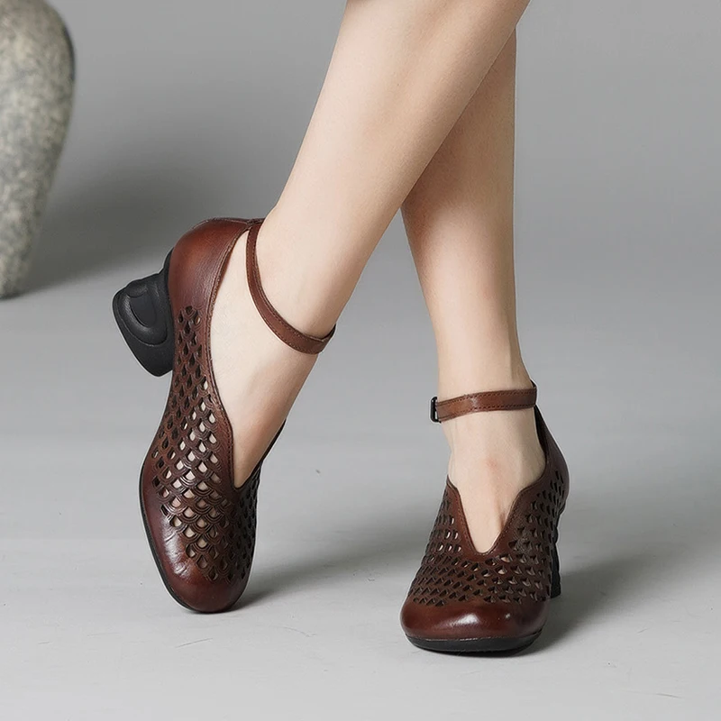 

2019 VALLU New Arrival Women Sandals Retro Ethnic Style Shoes Lady Genuine Leather Dress High Heels Shoes Women's Sandals