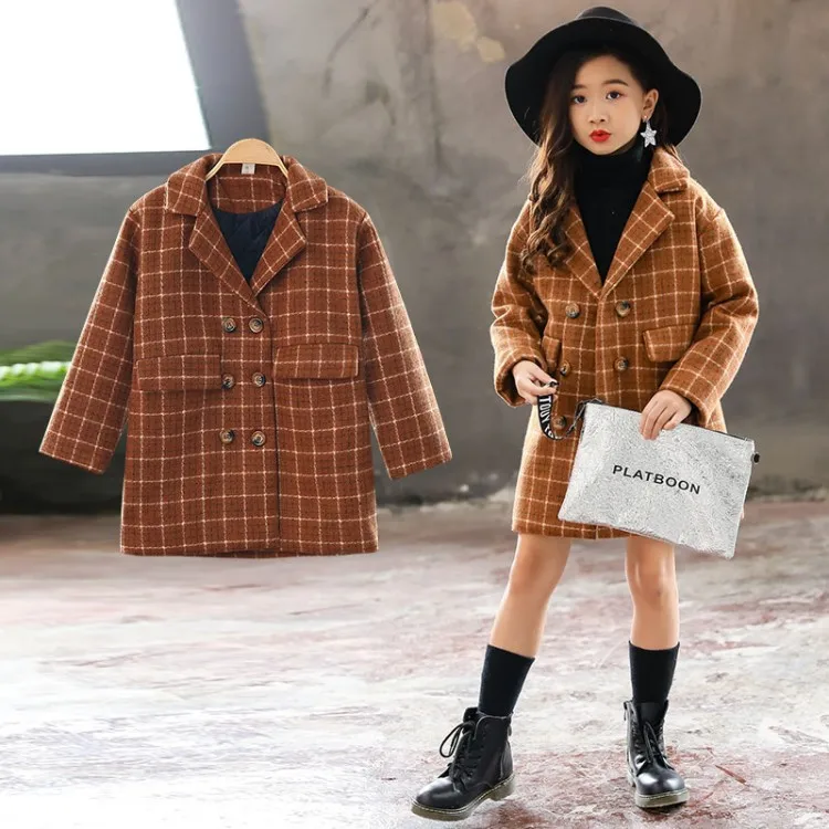 

Kids girl overcoat Winter new fashion Houndstooth wool coat for girls Teens autumn jacket warm long outerwear Children Windproof