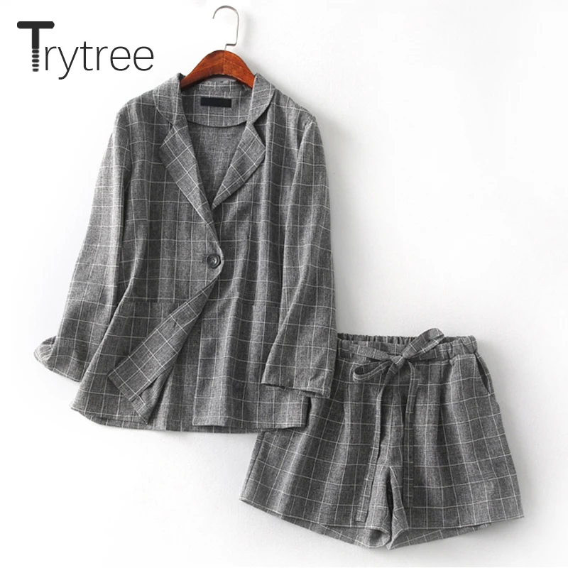 Trytree Женский комплект из двух предметов офисный топ и шорты клетчатый Топ женский
