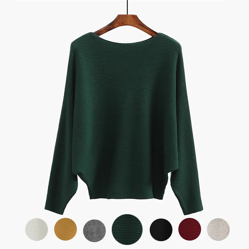 

Winter Batwing Sweater Female Bat Jersey Oversized Green Jumper Oversized Women Knitted Ribbed Sweaters Ladies Tops 7 Color