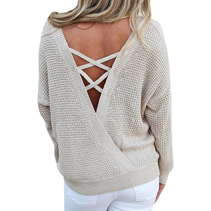 

Sexy Back Ribbon Sweaters Women Deep V-neck Back Pullovers Knitting Cross Sweaters Casual Jumper