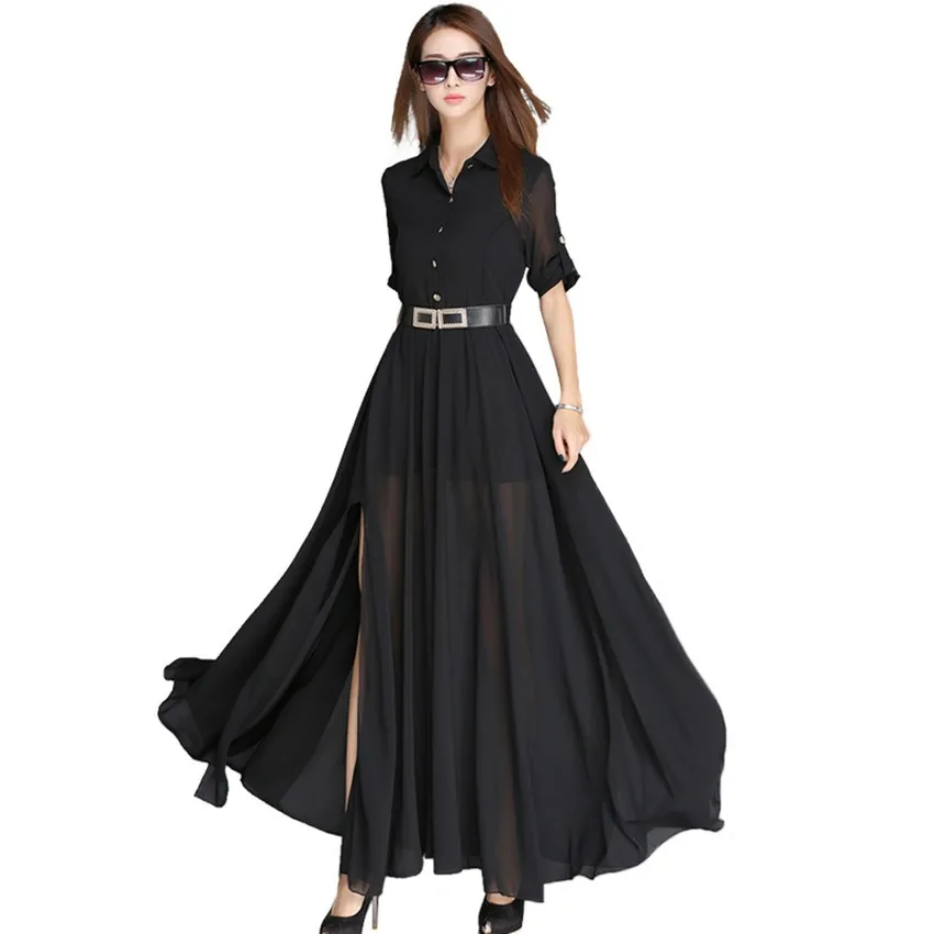 Новое весеннее летнее платье женское с коротким рукавом черное белое длинное платье макси Бохо с разрезом по бокам шифоновое платье с поясом Vestidos