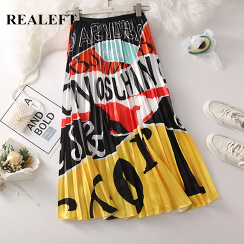 

REALEFT New Arrival Women Letter Printed Elegant Pleated Midi Skirts High Waist Empire Harajuku Tulle A-Line Skirts for Womens