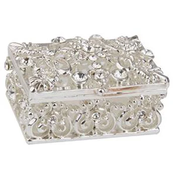 

Small Rhinestone Embellished Hollow Jewelry Storage Gift Trinket Box Silver