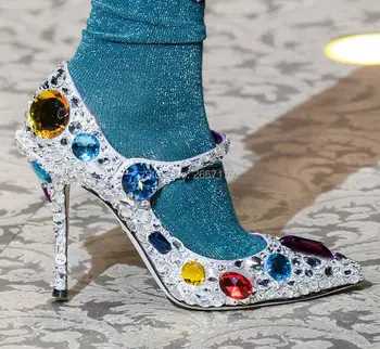 

2018 Fashion Runway Wear Women Luxury Colorful Jewel Pumps Pointed Toe Sparkle High Heels Bridal Wedding Heels New Arrival