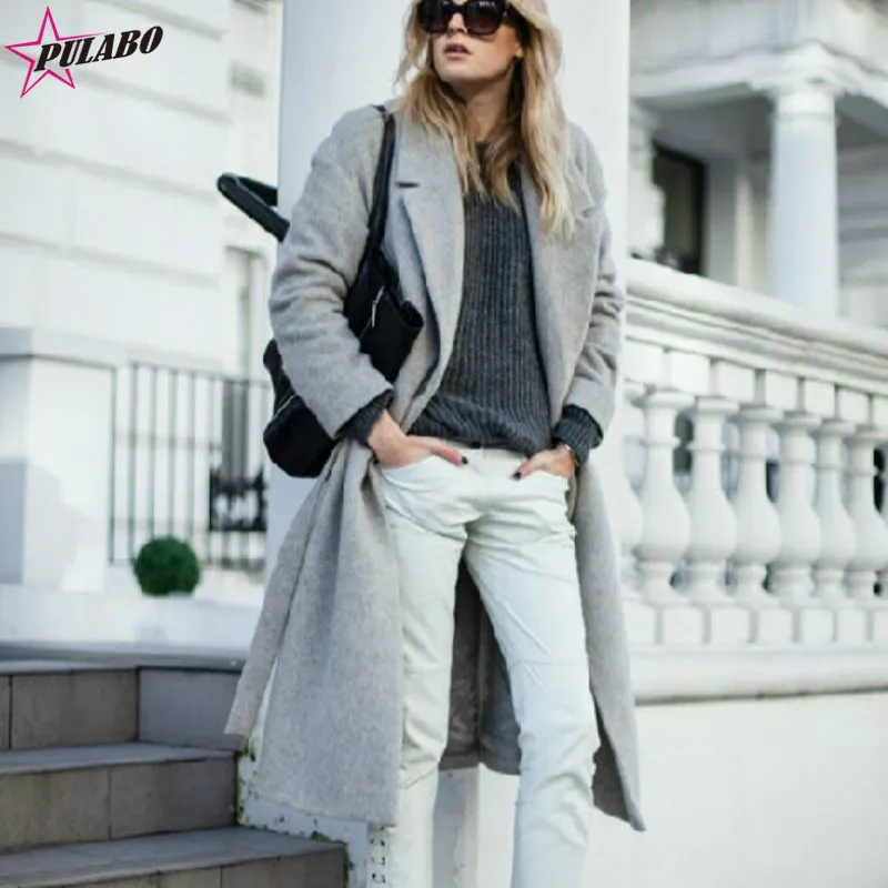 Winter Women's Wool Blend Long Coat 2019 New Hollywood Warm X-Long Oversize Cashmere Turn-down Collar Outwear Coats Grey Trench