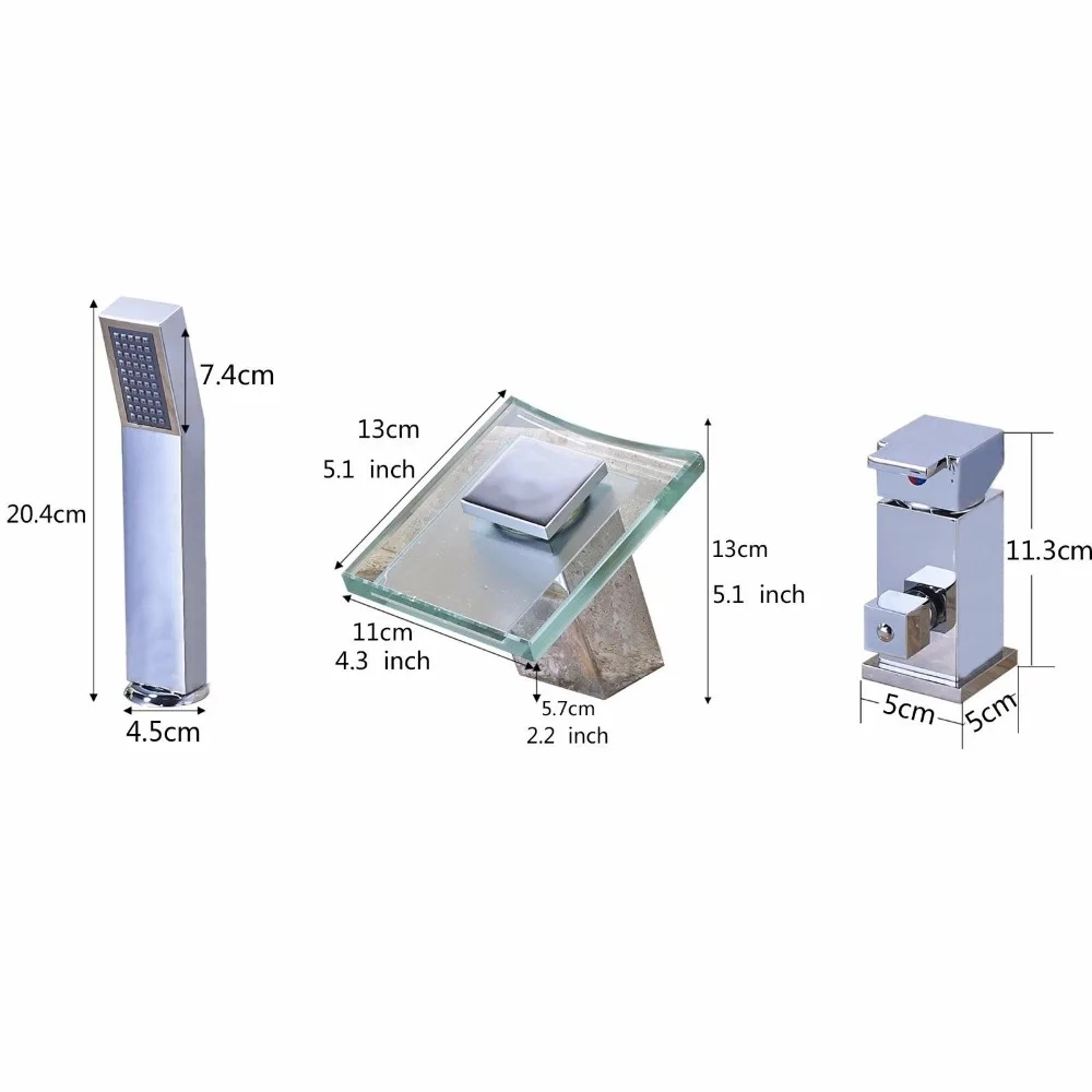 Хром полированный светодиодный Водопад Носик Смеситель Ванна 3 шт. кран Одной ручкой wirh ручной душ на бортике