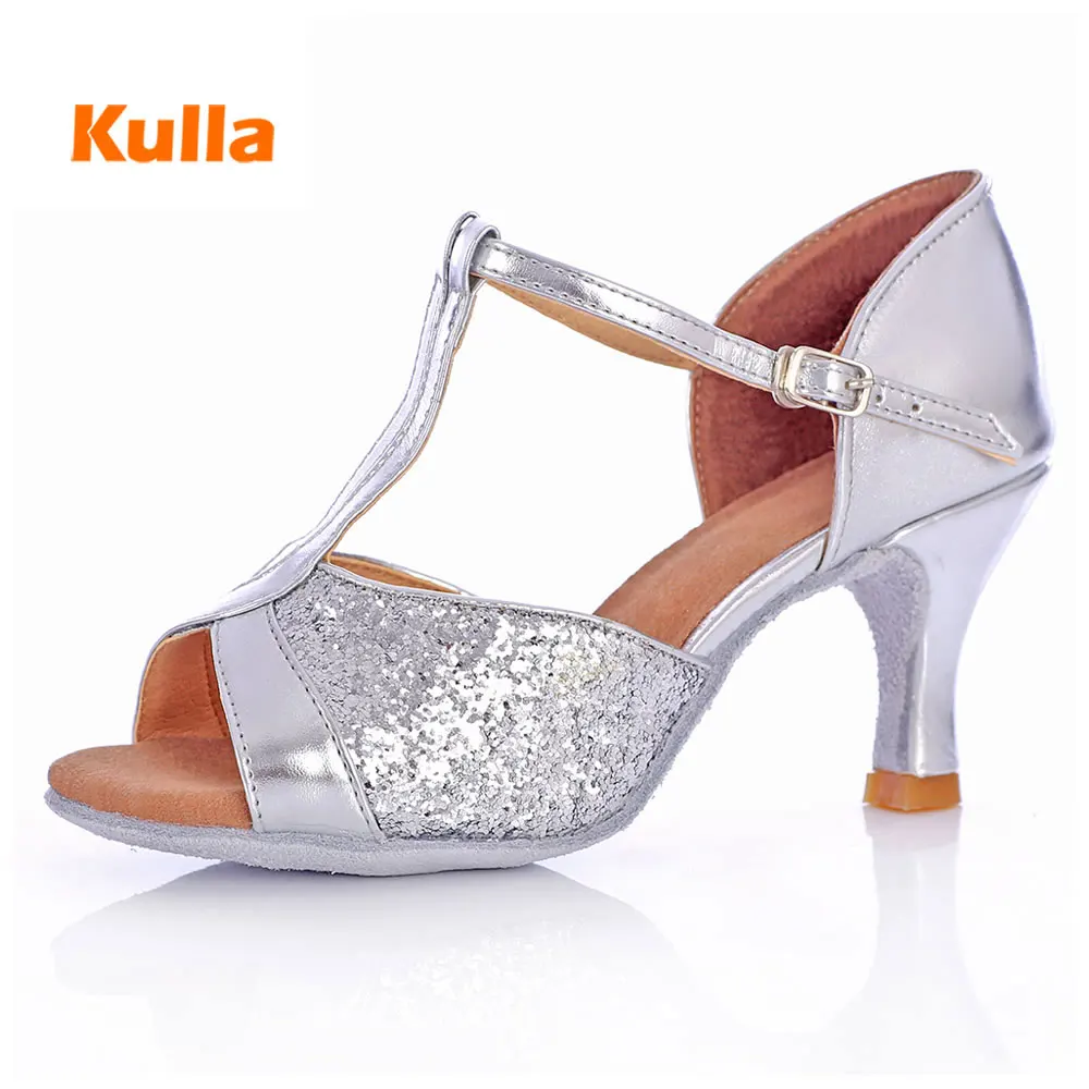 Women Latin Salsa Dance Shoes Silver Sequin Ladies Ballroom Tango Salsa Dancing Shoes High Heels 5/7cm Professional Dance Shoes