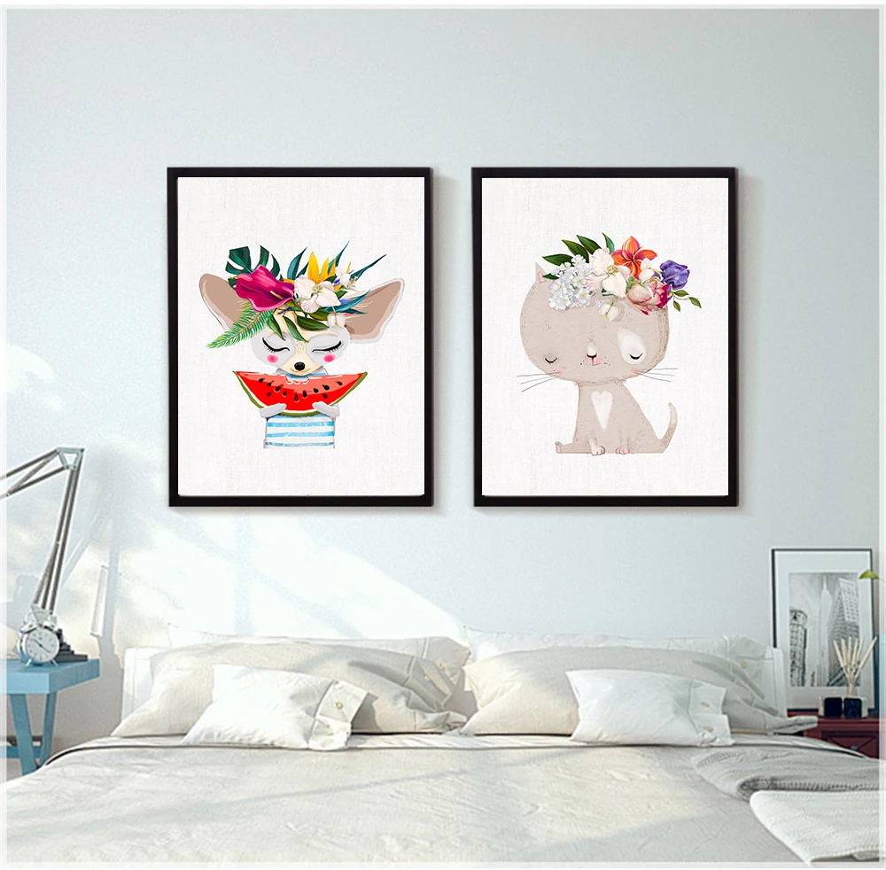 N-rdico-Aquarela-Coelho-Dos-Desenhos-Animados-de-Animais-Gato-Bonito-Cartaz-Beb-Kids-Room-Decor