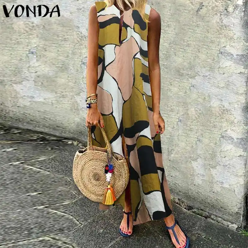 VONDA богемное женское Maix длинное платье летнее винтажное платье с принтом размера плюс без рукавов Повседневное платье с разрезом длиной до лодыжки Vestidos