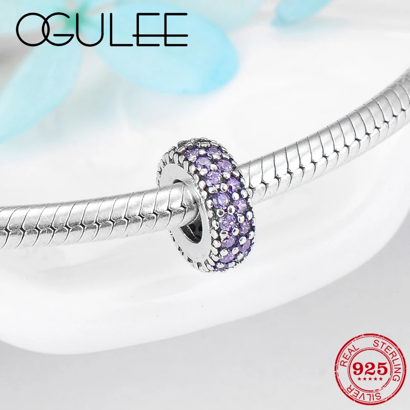 Round shape Spacer bead 925 Sterling Silver purple Sparkling zircon Fine Bead Fit Original Women Charm Bracelet Jewelry making | Украшения