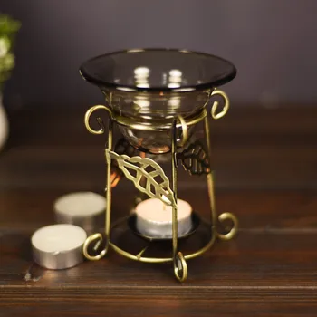 

Retro Iron Frame Glass Plate Candle Fragrance Lamp Oil Furnace Aroma Burner Candle Holder Candlestick Vase Aromatherapy Stove