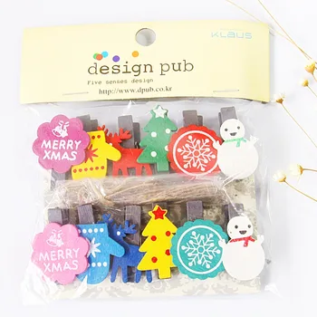 

12 pcs/lot Creative Christmas Series Wooden Clip Photo paper Clothespin Craft Clips Party Decoration Clip with Hemp Rope