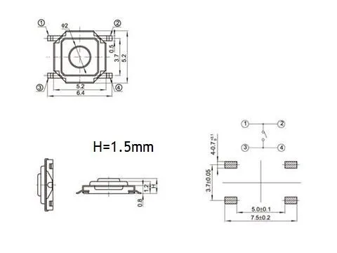 1000 шт. в ленты и катушки пакет переключатель 250gf SMD Тип 5.2x5.2 мм Высота 1.5 мм rohs LCP материал Оплавления пайке