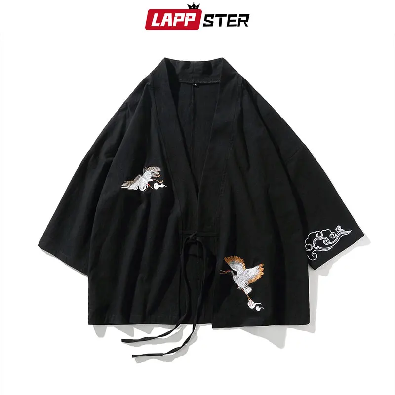 

LAPPSTER Men Embroidery Crane Kimono 2019 New Arrival Chinese Style Shirts Male Harajuku Streetwear Vintage Belt Kimono Cardigan