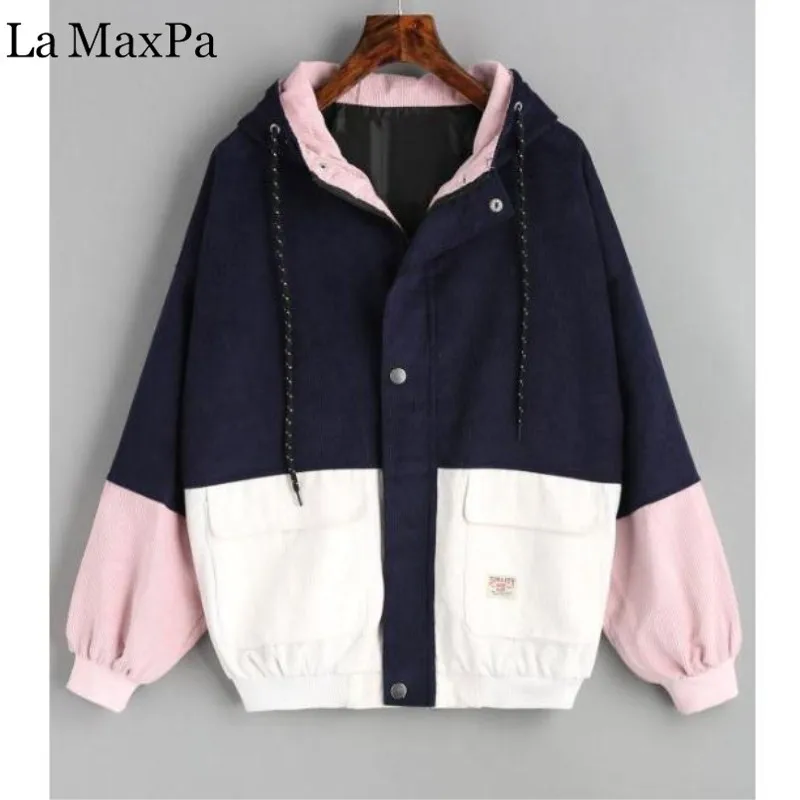 

Women Coat Harajuku New Winter Warm Block Hooded Corduroy Jacket Drawstring Hit Color Patched Pocket Thick Basic 3XL Big Size