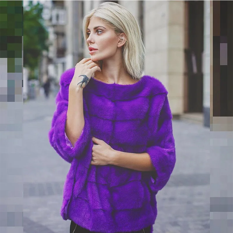 purple Tatyana furclub натуральное меховое пальто розовая меховая шуба из натуральной норки Зимняя меховая куртка для женщин повседневные топы с круглым вырезом полного размера плюс - Цвет: purple