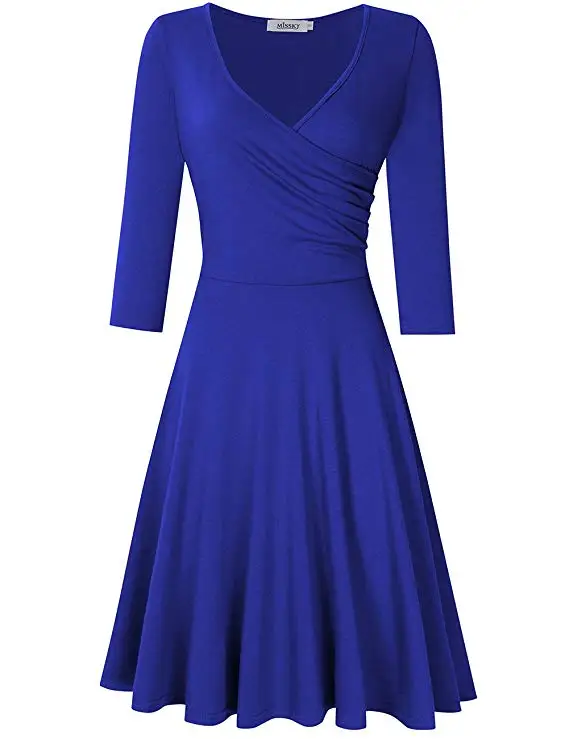 Женское Хлопковое платье, повседневное, летнее, однотонное, ТРАПЕЦИЕВИДНОЕ, сарафан, v-образный вырез, половина рукава, большой размер, плиссированное платье, праздничные, вечерние, офисные платья - Цвет: blue
