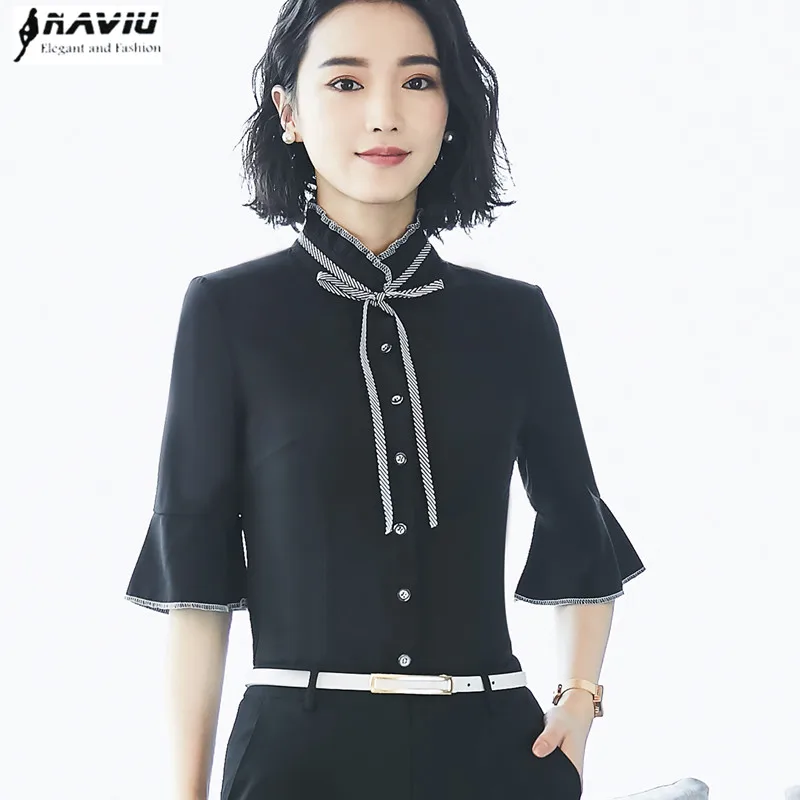 Elegant stand collar bow shirt women New summer Half