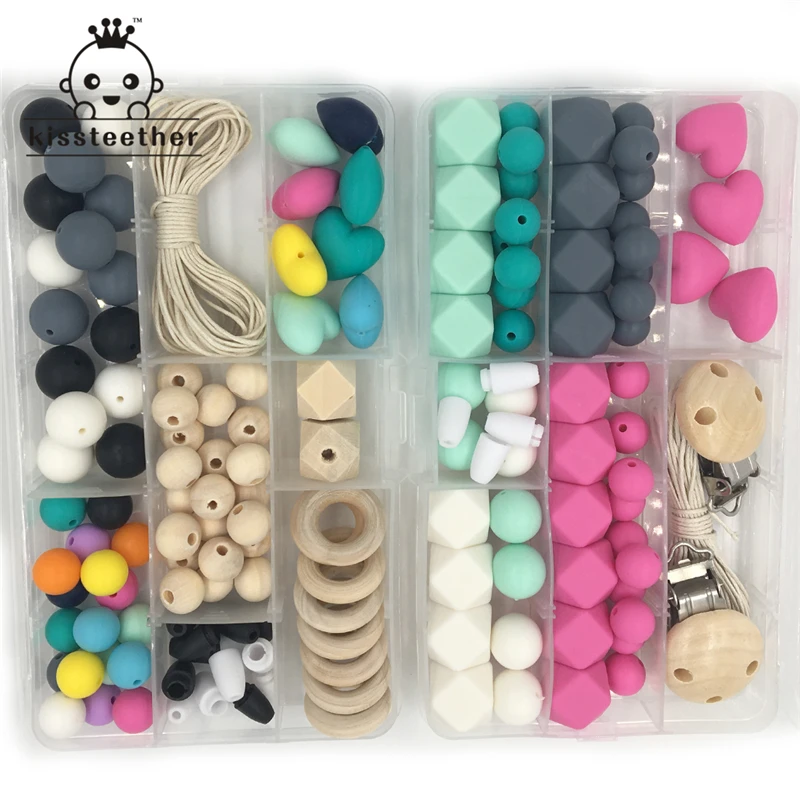 

2pcs Baby Teether Toys Silicone Teething Kit Geometric Hexagon Silicone Beads Wooden Ring Pacifier Clip DIY Nursing Necklace