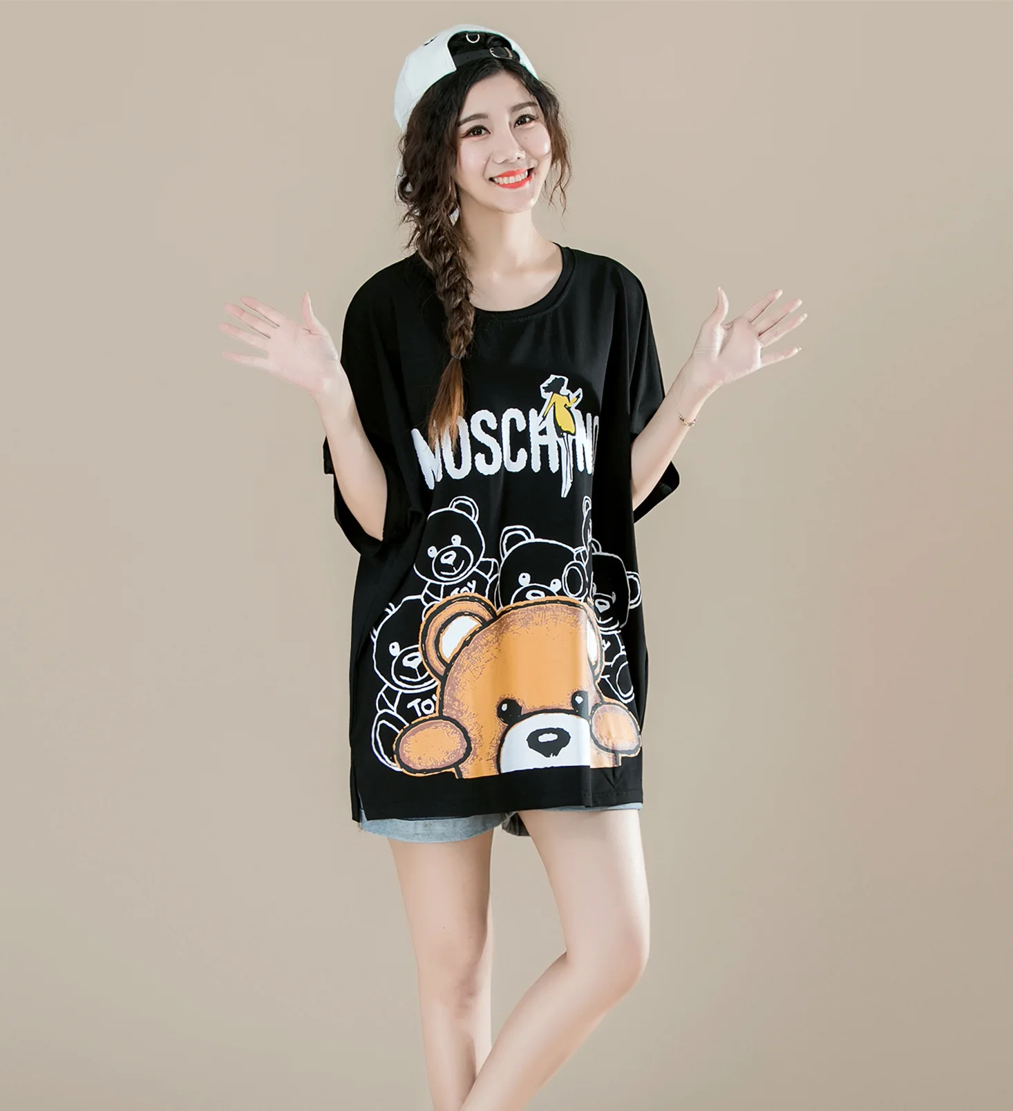 2018 Summer Kawaii Cartoon Print Short Sleeve Oversize Women T Shirt Korean Loose Casual O Neck Plus Size White Black T-shirt