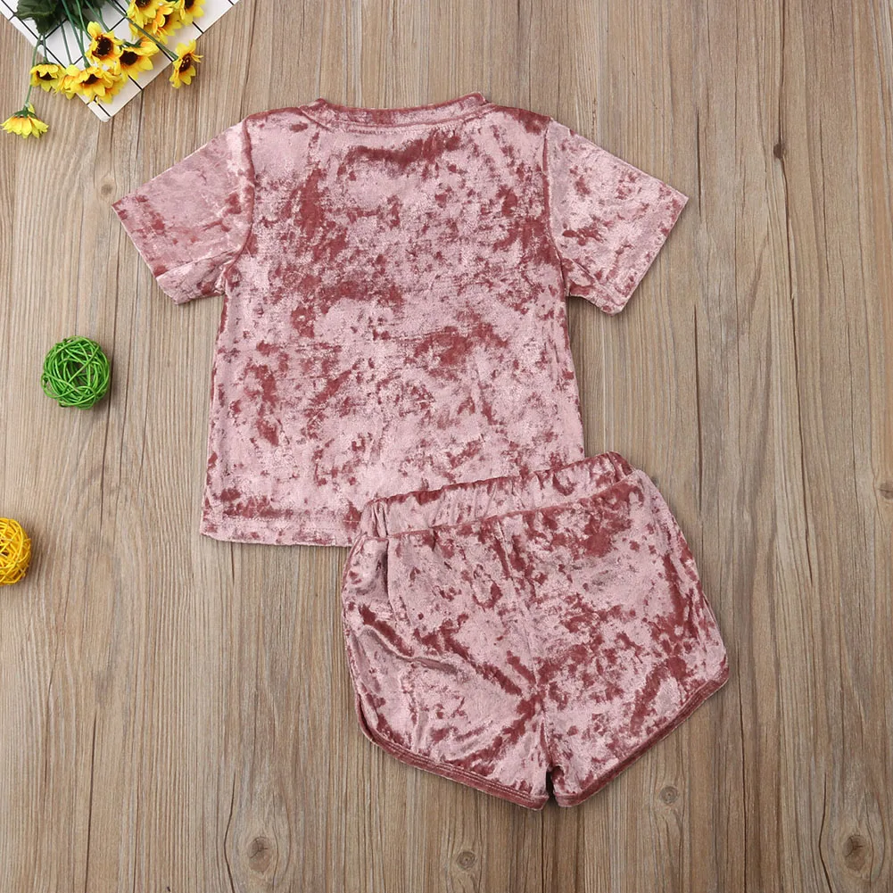 6M-5Y Kids Baby Girl Boy Velet Clothes Sets Summer Casual Solid 2Pcs Short Sleeve O-Neck Tops Elastic Waist Shorts Outfits