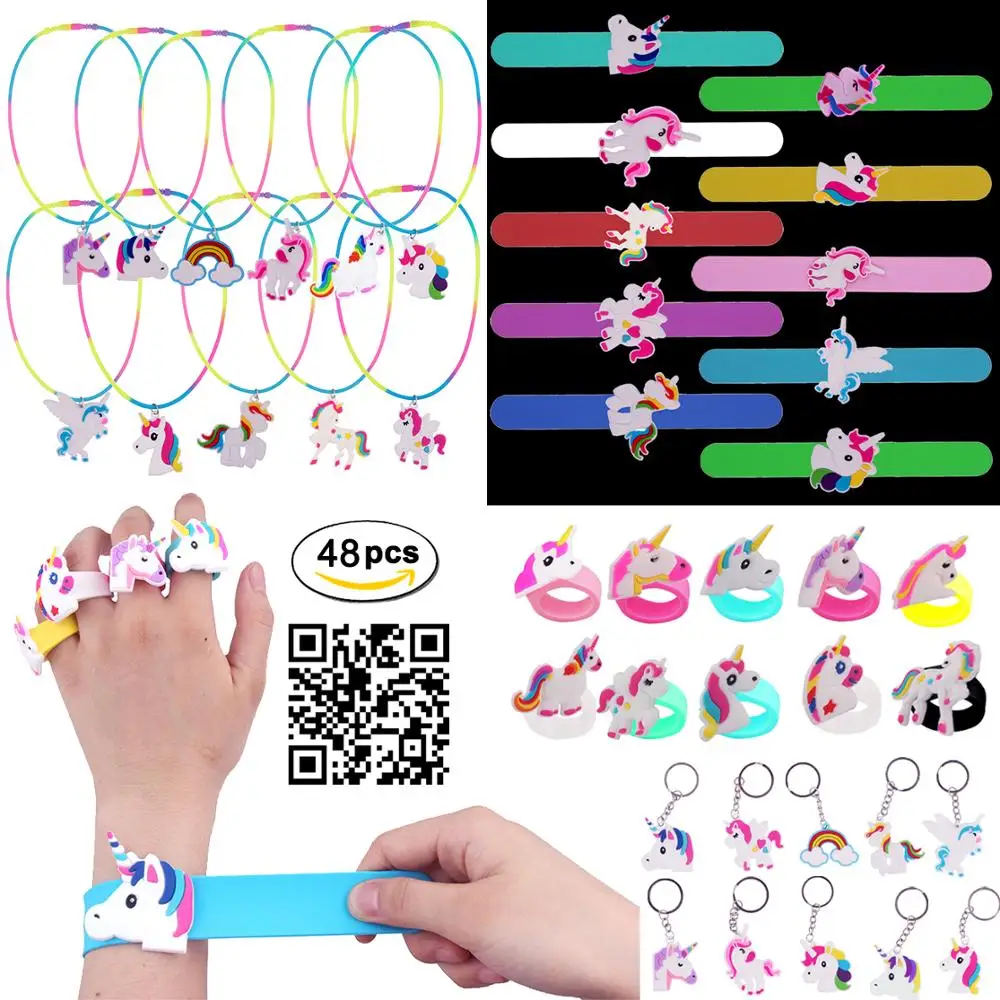 

48pcs Rainbow Unicorn Pendant Necklaces Unicorn Slap Bracelets Papa Wristband Cuff Bangles Silicone Unicorn Keychain Rings