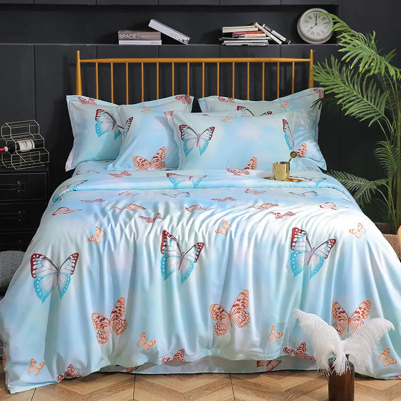 Butterflay цветочный принт простыня пододеяльник подушка shams 4 шт. Tencel мягчайшие постельные принадлежности из шелка набор королева король двойной размер постельный комплект