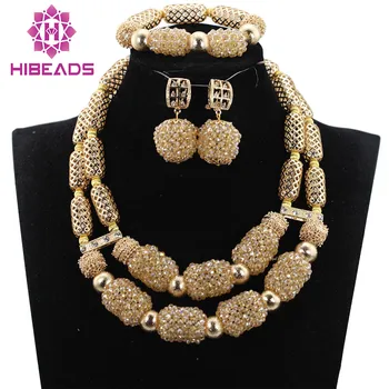 

African Beads Jewelry Set Champagne Gold Crystal Beaded African Jewelry Set Dubai Gold Necklace Earrings Bracelet Set ANJ324
