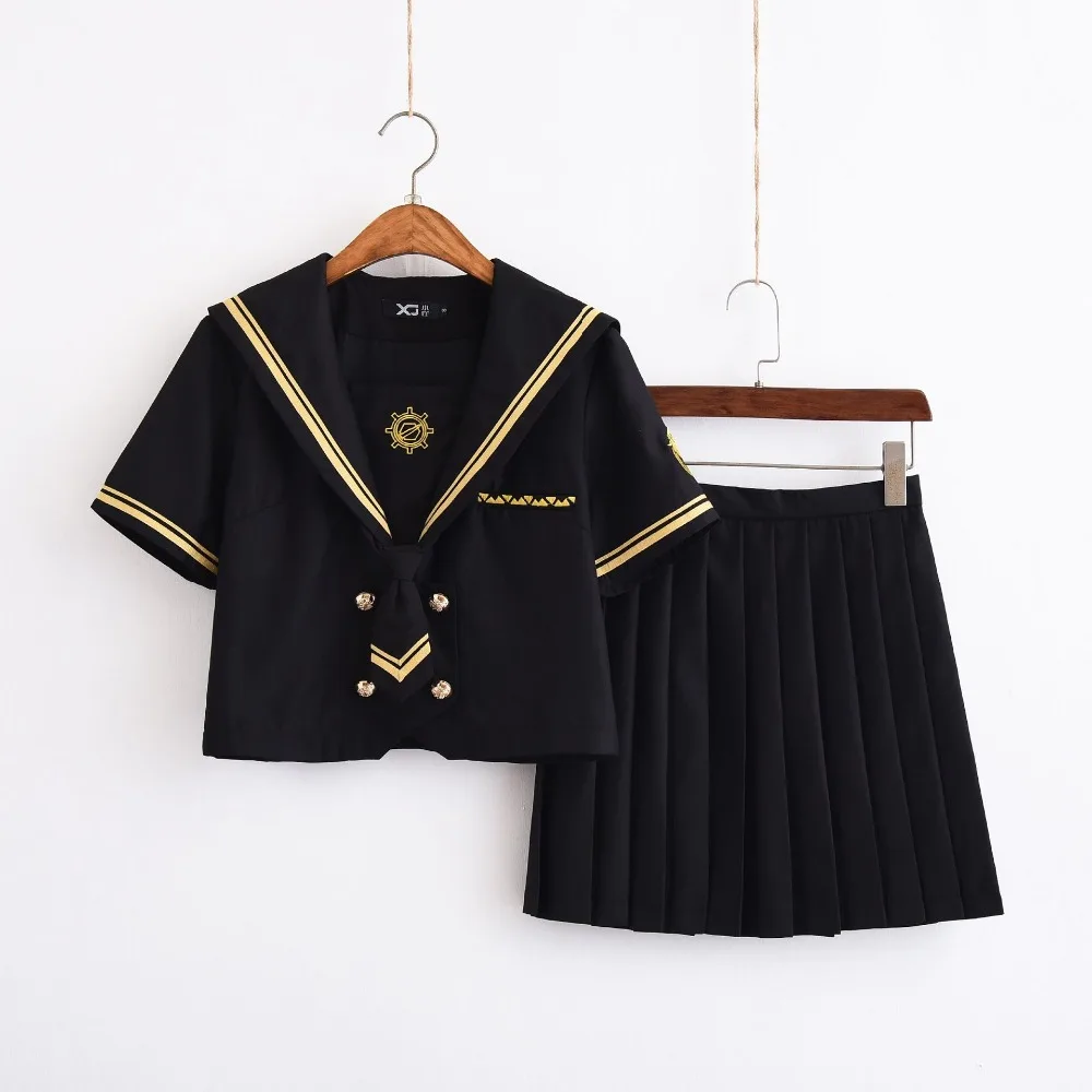 

UPHYD Anime School Uniform Black Sailor Suits S-XXL School Girl Cheerleader Uniforms Revolver Grab Embroidery Cosplay Costume