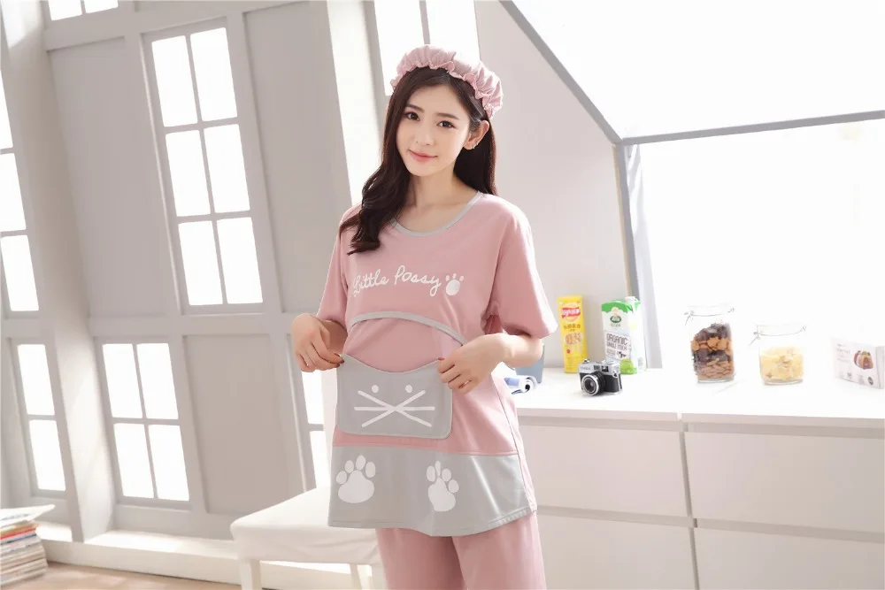 Bonito dos Desenhos Pijama para Mulheres Pijama de Algodão de Manga Roupas de Maternidade Fdfklak Animados Tamanho Grande Grávidas Curta Dormirwear Conjunto Verão 7 Cheap Cápsulas de dormir
