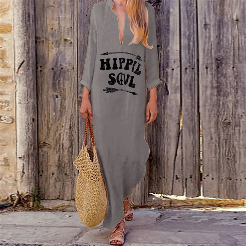 Letter Print Dress Women Long Sleeve Loose Beach Dress Plus Size V Neck Sexy Dress Casual Vestidos De Verano 40JUL122