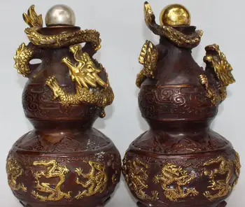 

13" Chinese Palace Bronze Gild Nine Dragon Beast Cucurbit Calabash Gourd Pair 02017