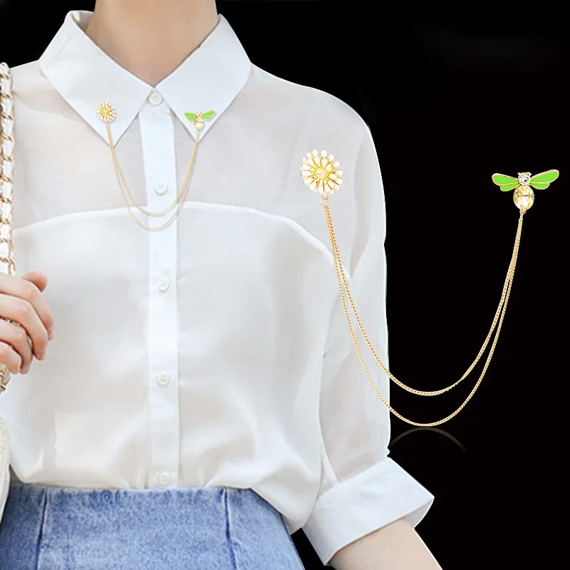 

New Fashion Enamel Bee Insect Gold Chain Linked Brooch for Women Blouse Collar Clip Pin Brooches Jewelry CX106