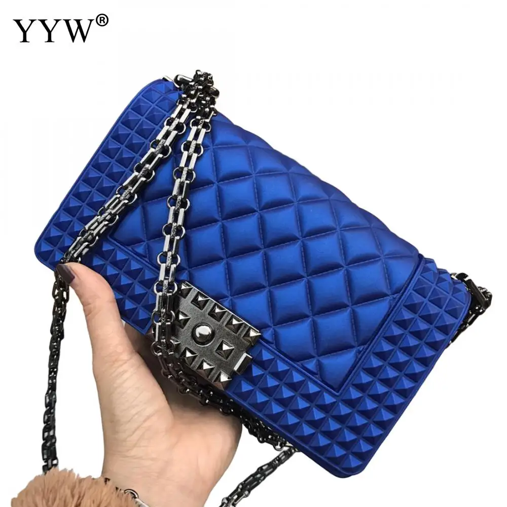 النساء السود حقيبة مطاط برشام هلام سلسلة Crossbody حقيبة بولسا Borracha الأزرق يد مملة البولندية ثقافاتنا المطاط حقائب يد 2019