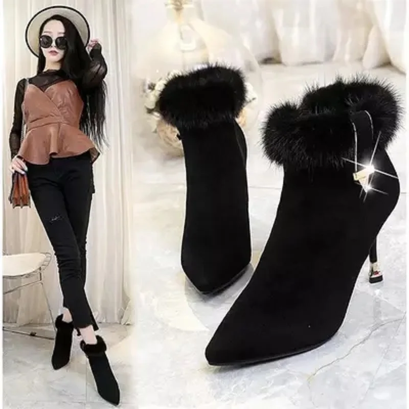 

MoBeiNi Women's shoes 2018 autumn and winter new high heel stiletto boots women's pointed and bare boots Martin boots Zipper