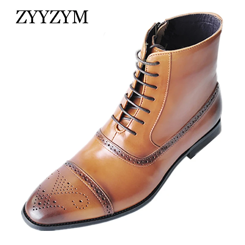 ZYYZYM Men Boots Leather Side Zipper Lace Up Men High Top Brogue Shoes Man Oxfords European Leather Boots Men Zapatos De Hombre