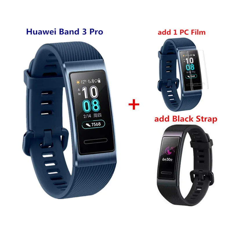 Смарт-браслет huawei Band 3 Pro с gps, металлический Amoled, Полноцветный Сенсорный экран 0,95 дюйма, датчик сердечного ритма, браслет для плавания и сна - Цвет: blue add black