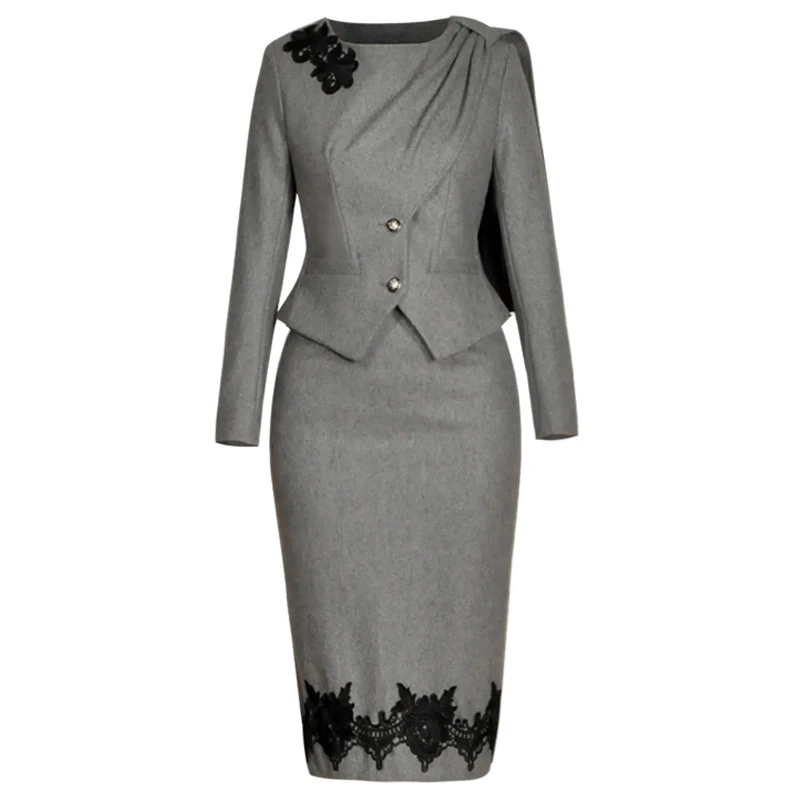 

womens 2 piece outfit sets office lady work clothes black crochet ruched wool cardigan short small jacket + midi pencil skirts