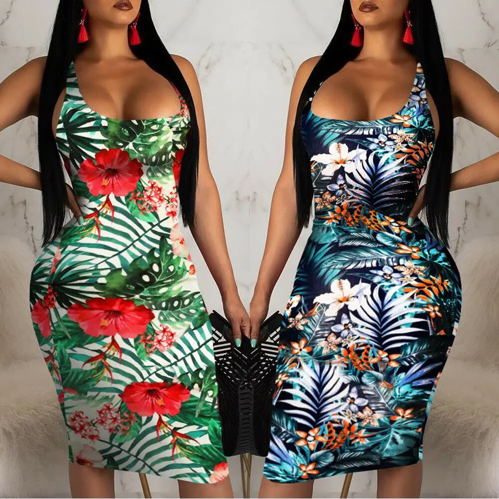 2019 Fashion Womens Ladies Sleeveless Summer Boho Printed Beach Casual Loose Sundress Tight Sexy Sling Hawaiian Dress Vestidos | Женская